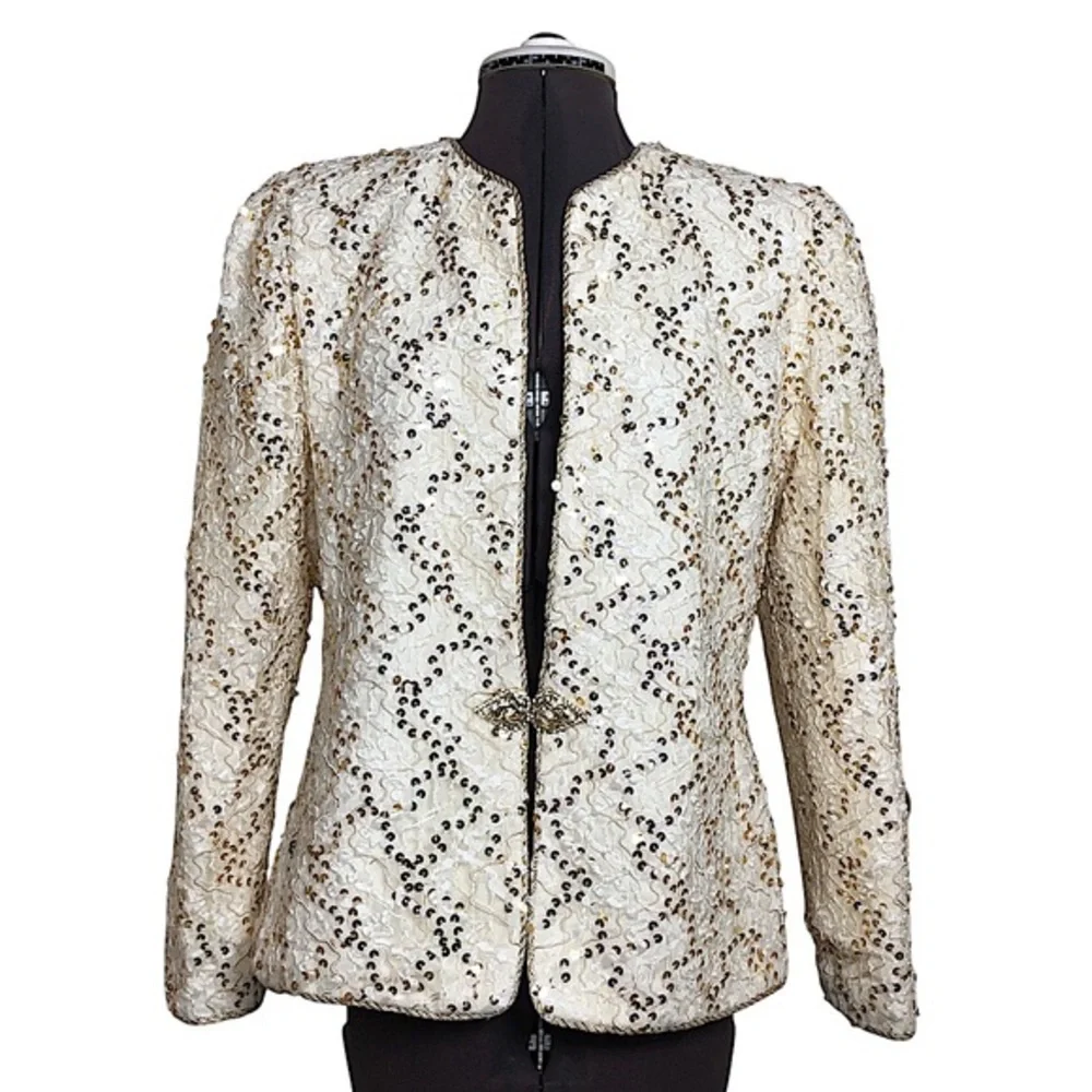 Karen Laurence by Matthew Gorgeous VTG  70’ Gold White Sequins ivory‎ Jacket 10